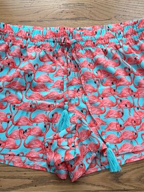 Women's Flamingo Print Drawstring Shorts - Pink on Turquoise Sz Small